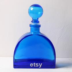 Vintage Large Glass Bottle, Tall Heavy Cobalt Blue Vase, Perfume Bottle with Ball Stopper, Mid-sentury Carafe Italy 1970s