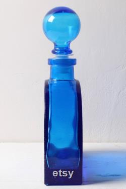 Vintage Large Glass Bottle, Tall Heavy Cobalt Blue Vase, Perfume Bottle with Ball Stopper, Mid-sentury Carafe Italy 1970s