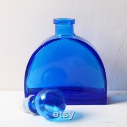 Vintage Large Glass Bottle, Tall Heavy Cobalt Blue Vase, Perfume Bottle with Ball Stopper, Mid-sentury Carafe Italy 1970s