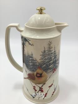 Vintage Lenox Winter Greetings Scenic Thermal Lidded Carafe Red and Yellow Cardinals On Holly And Pine (S9-3)