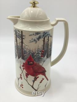 Vintage Lenox Winter Greetings Scenic Thermal Lidded Carafe Red and Yellow Cardinals On Holly And Pine (S9-3)