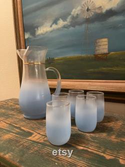 Vintage MCM Blue Blendo Glass Pitcher and 5 Glasses