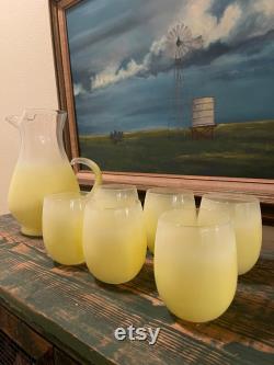Vintage MCM Yellow Blendo Glass Pitcher and 6 Glasses in Mint Conditon