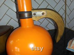 Vintage MCM tangerine orange ceramic carafe with wooden handle. Beautiful modern style Free shipping
