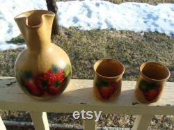 Vintage McCoy Pottery Canyon Carafe And Two Tumblers Handpainted Strawberry Signed By Artist Carafe Pitcher 660 And Tumbler Glasses 659