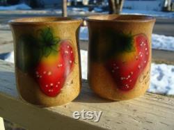 Vintage McCoy Pottery Canyon Carafe And Two Tumblers Handpainted Strawberry Signed By Artist Carafe Pitcher 660 And Tumbler Glasses 659