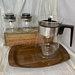 Vintage Mid Century Wood Grain Pyrex Glass Coffee Pot Carafe With Creamer, Sugar, And Tray Set