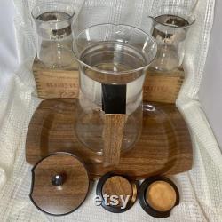 Vintage Mid Century Wood Grain Pyrex Glass Coffee Pot Carafe with Creamer, Sugar, and Tray Set