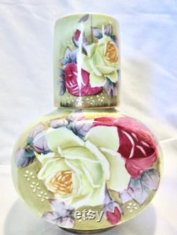 Vintage Nippon Hand Painted Roses Bedside Carafe and Tumbler Cup