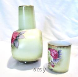 Vintage Nippon Hand Painted Roses Bedside Carafe and Tumbler Cup