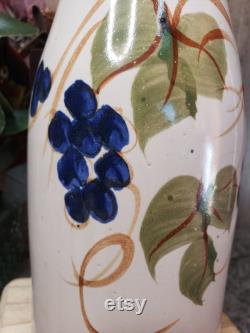 Vintage Pacific Stoneware Hand Painted 1970 Grapevine Wine Carafe Pottery Vase Signed B. Welsh