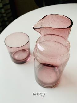Vintage Pink Bedside Carafe, Lavender Bubble Glass Pitcher with Nested Glass, Handblown Transparent Pink Glass Carafe, Great for Dorm
