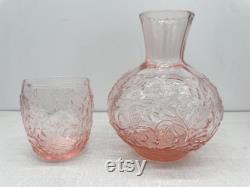 Vintage Pink Depression Glass Bedside Carafe Tumble Up with Floral Design Grand Millennial, Classic Traditional Mid Century MCM