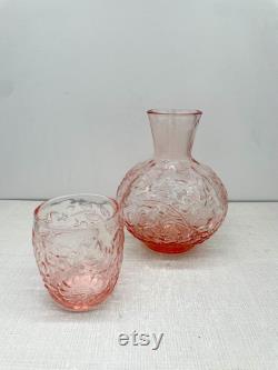 Vintage Pink Depression Glass Bedside Carafe Tumble Up with Floral Design Grand Millennial, Classic Traditional Mid Century MCM