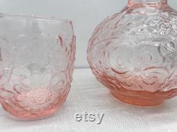 Vintage Pink Depression Glass Bedside Carafe Tumble Up with Floral Design Grand Millennial, Classic Traditional Mid Century MCM