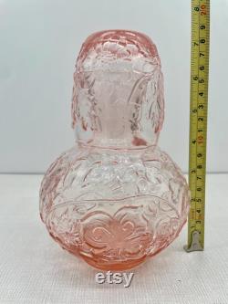 Vintage Pink Depression Glass Bedside Carafe Tumble Up with Floral Design Grand Millennial, Classic Traditional Mid Century MCM