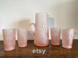 Vintage Pink Frosted Glass Pitcher and Glasses. Made in Italy.