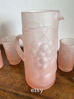 Vintage Pink Frosted Glass Pitcher and Glasses. Made in Italy.