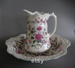 Vintage Pitcher with Basin Dish Staffordshire James Kent Old Foley Chinese Rose