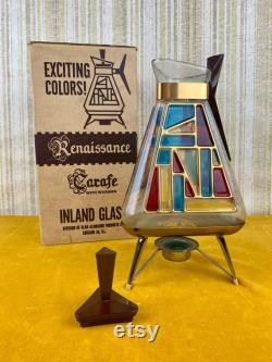 Vintage Retro MCM Renaissance Stained Glass Triangle Carafe with Stand and Box