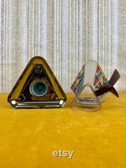 Vintage Retro MCM Renaissance Stained Glass Triangle Carafe with Stand and Box