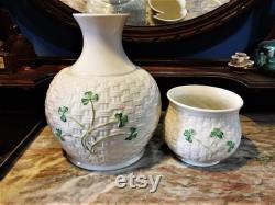 Vintage Set of 2 Belleek Parian China Pottery Shamrock Collection Carafe and Cup Set Made in Ireland IOB NOS