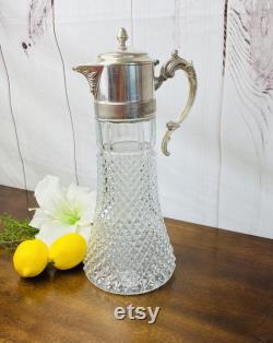 Vintage Sheffield Large Silver and Glass Juice Carafe, Diamond Point Claret Glass Pitcher, Antique Silver Pitcher