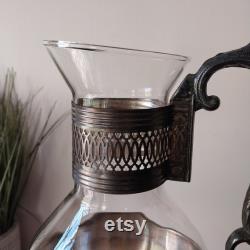 Vintage Silver Plated Glass Coffee Tea Carafe Pitcher w Matching Ornate Footed Warmer Stand Antiqued Silverplated 52floz Glass Carafe