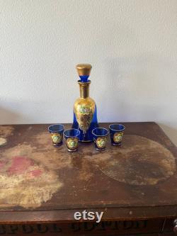 Vintage Venetian Glass Decanter Set Glass Hand Painted Bohemian Glass Gold Accent Floral