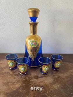 Vintage Venetian Glass Decanter Set Glass Hand Painted Bohemian Glass Gold Accent Floral