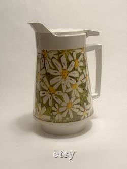 Vintage West Bend Thermo-Serv Pitcher Daisies Olive White Yellow