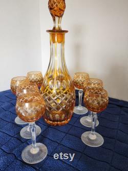 Vintage amber carafe with matching aperitif glasses