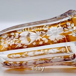 Vintage bohemian etched crystal decanter, Amber cut in clear floral etched panels, c1920 Art Deco cocktail barware, height 25.5 cm