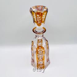 Vintage bohemian etched crystal decanter, Amber cut in clear floral etched panels, c1920 Art Deco cocktail barware, height 25.5 cm