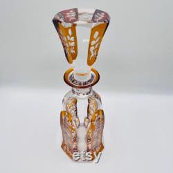 Vintage bohemian etched crystal decanter, Amber cut in clear floral etched panels, c1920 Art Deco cocktail barware, height 25.5 cm