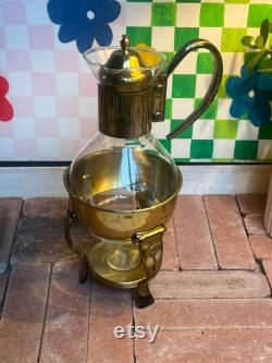 Vintage brass tea warmer, candle kettle, etched brass tabletop carafe with holder