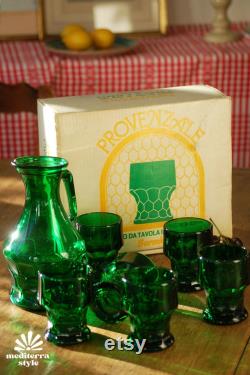 Vintage emerald green carafe and glass set from 1970s Italy, original box, excellent condition, Bormioli carafe set