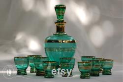 Vintage liquor set from Montecarlo, Verrerie de Monaco, emerald and gold colored glass set, carafe glasses, green glass set