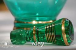 Vintage liquor set from Montecarlo, Verrerie de Monaco, emerald and gold colored glass set, carafe glasses, green glass set