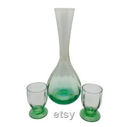 Wrythen Neck Carafe Flask Pair Matched Cordial Glass x2 Green Glass Antique