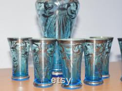 lot nr 778 Venetian silvered Glass Decanter lidded Carafe turquese blue Set with drinking shots Made in Italy Jug and 6 glasses set