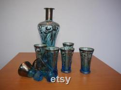 lot nr 778 Venetian silvered Glass Decanter lidded Carafe turquese blue Set with drinking shots Made in Italy Jug and 6 glasses set