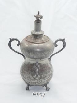 rare old antique ornate embossed patterns pewter tin carafe decanter with 2 handles cork lid jug jar
