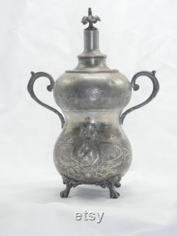 rare old antique ornate embossed patterns pewter tin carafe decanter with 2 handles cork lid jug jar